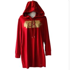 Calvin Klein Long Sleeve Hoodie Dress Red Big Gold Glittler Logo